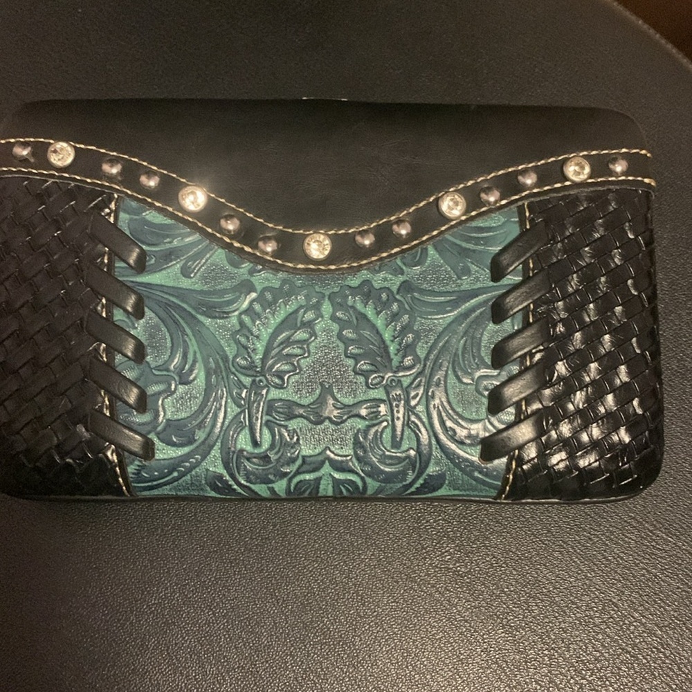 Montana West Tooled Rhinestone Wallet Blue and Black Small Coin Pocket Snap Open